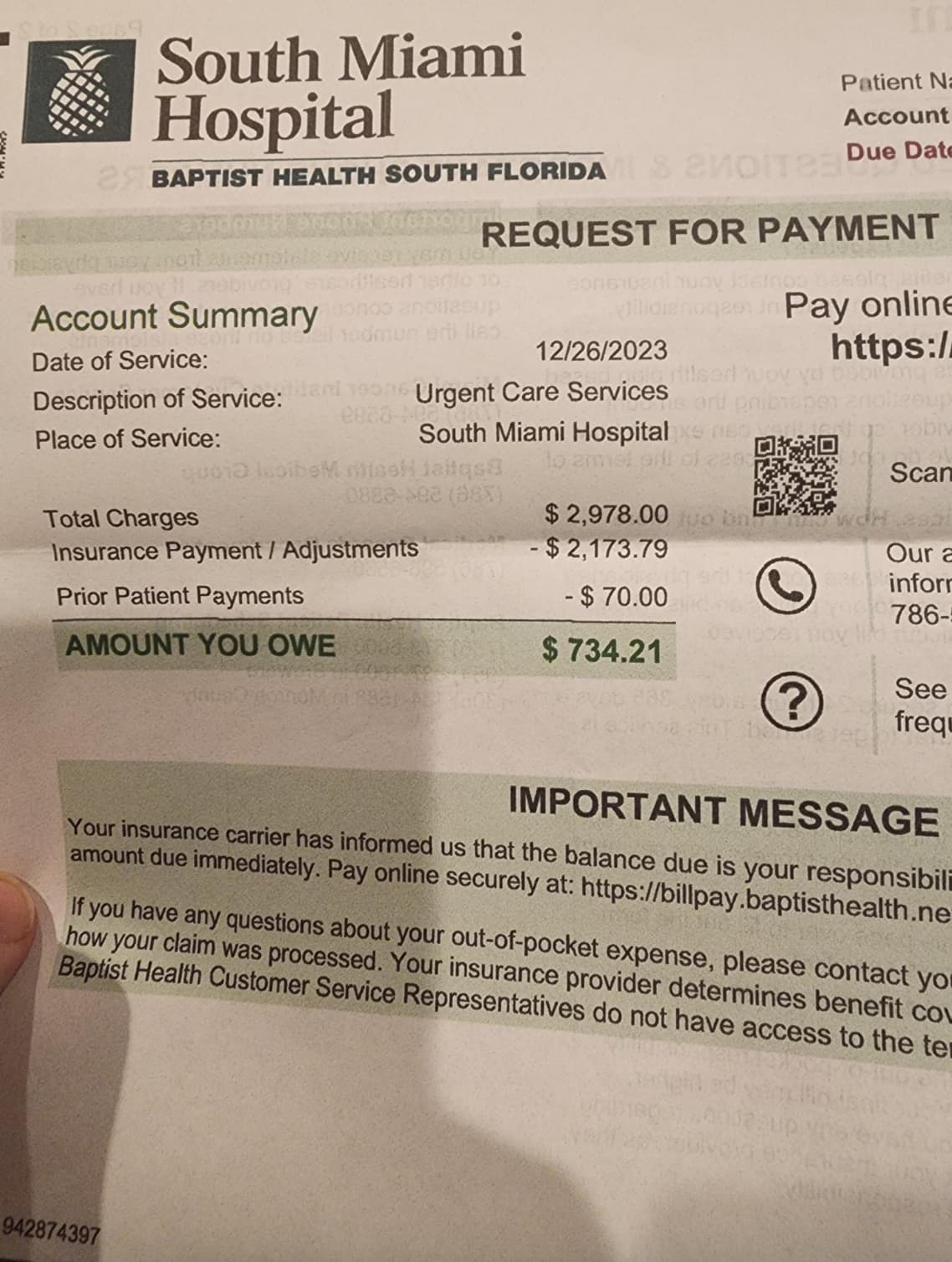 urgent care bill - To 1odmun erti lie South Miami Hospital 28 Baptist Health South Florida Patient Na Account Due Date Moiteed Request For Payment ever joy bivoj Account Summary andilesup Date of Service Description of Service dilidianoqas in Pay online h